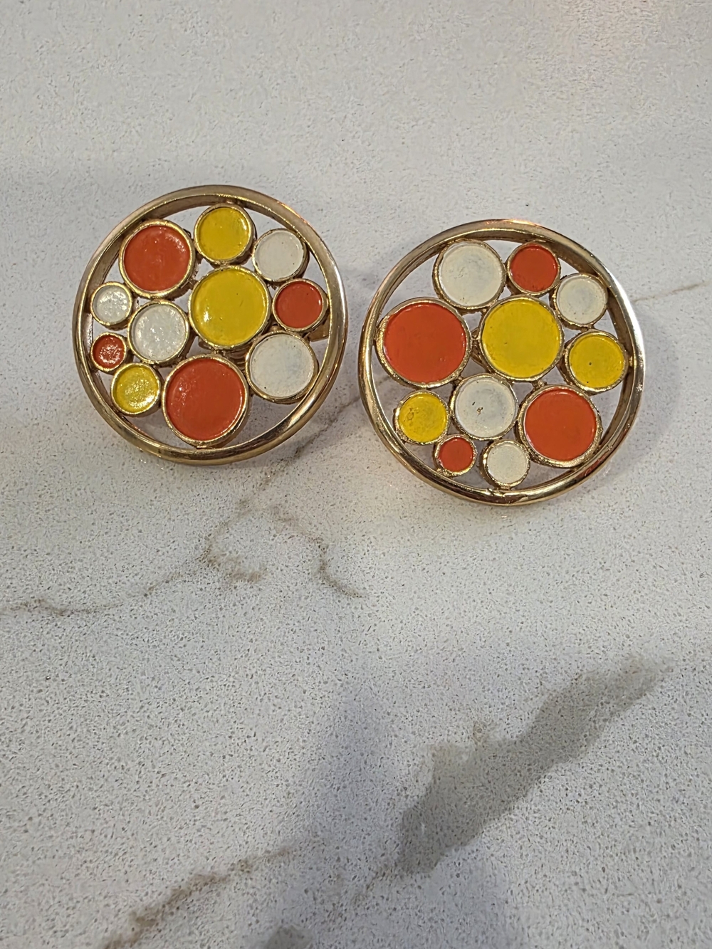 Trifari Gold-Tone Round Bubble Earrings with Orange, Yellow and Cream Enamel